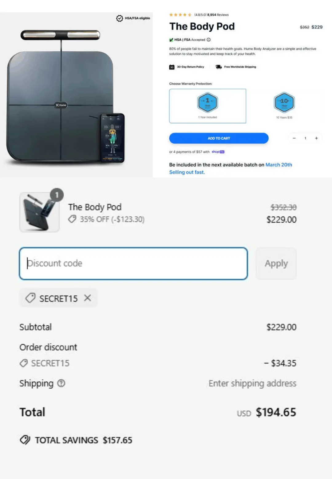 Hume Health Body Pod Scale checkout page